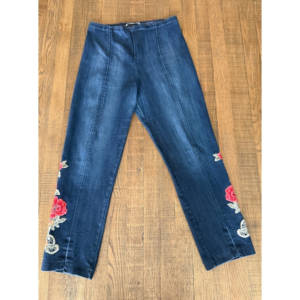 Mesmerize Floral Embroidered Dark Wash Denim Pants Women 12 Stretch Boho Y2K